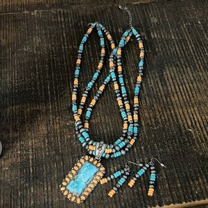 Turquoise and Orange Beaded Necklace and Earring Set